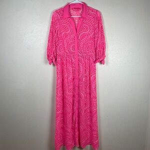 Hot Pink Eyelet Embroidery Button Front Maxi Dress Collared 3/4 Sleeve Scalloped